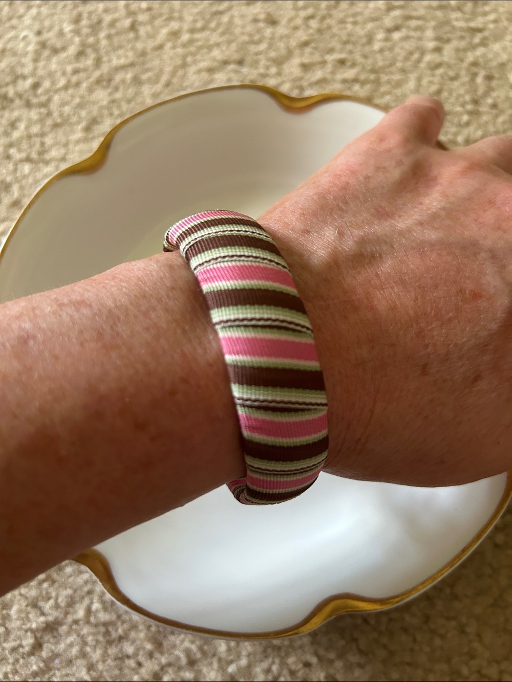 Melly M Striped  Ribbon Bracelet in Brown, Pink, White & Green